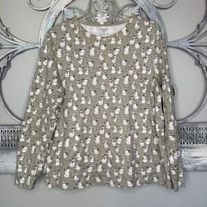 Croft & Barrow Womens 1X Snowman Print Long Sleeve Cotton Tee Sage Green Holiday